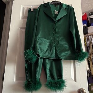 Green Satin Pajama Set with Feather Trim
